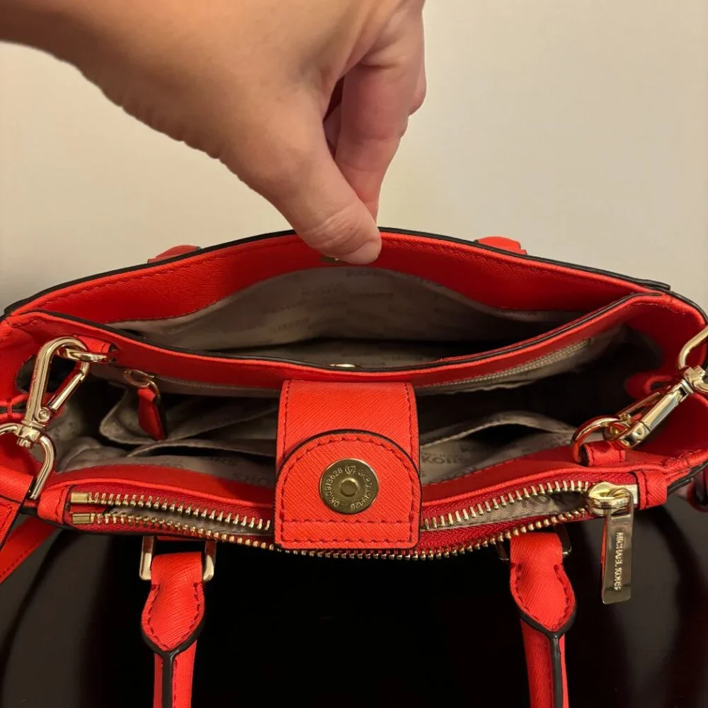 Michel Kors Kellen Red Sangria Floral Saffiano Leather Satchel Crossbody - Picture 10 of 12